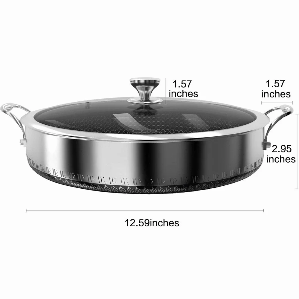 316L Stainless Steel 7QT Saute Pan Hexagon Nonstick Wok W Lid 12.5